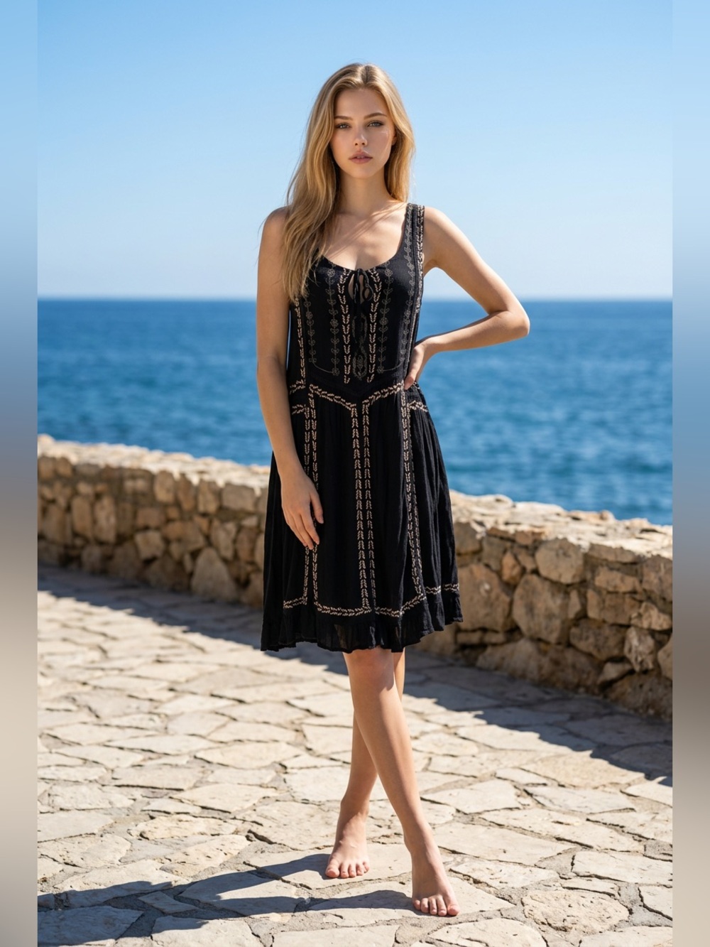 Free People Black Mini Tank Dress with White and Tan Embroidery size S - Picture 2 of 15